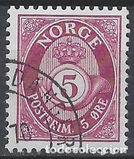 Sellos: NORUEGA 1937-78 - CUERNO POSTAL Y CIFRA, P&Uacute;RPURA , FONDO RAYADO - USADO