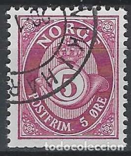 Sellos: NORUEGA 1937-78 - CUERNO POSTAL Y CIFRA, P&Uacute;RPURA , FONDO RAYADO - USADO