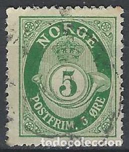 Sellos: NORUEGA 1937-78 - CUERNO POSTAL Y CIFRA, VERDE , FONDO RAYADO - USADO