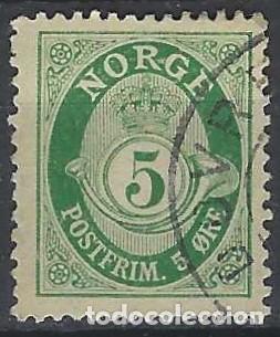 Sellos: NORUEGA 1937-78 - CUERNO POSTAL Y CIFRA, VERDE , FONDO RAYADO - USADO