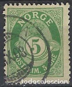 Sellos: NORUEGA 1937-78 - CUERNO POSTAL Y CIFRA, VERDE , FONDO RAYADO - USADO