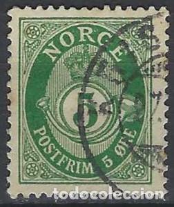 Sellos: NORUEGA 1937-78 - CUERNO POSTAL Y CIFRA, VERDE , FONDO RAYADO - USADO