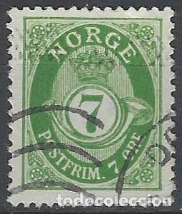 Sellos: NORUEGA 1937-78 - CUERNO POSTAL Y CIFRA, VERDE , FONDO RAYADO - USADO