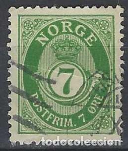 Sellos: NORUEGA 1937-78 - CUERNO POSTAL Y CIFRA, VERDE , FONDO RAYADO - USADO