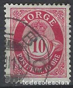 Sellos: NORUEGA 1937-78 - CUERNO POSTAL Y CIFRA, ROJO, FONDO RAYADO - USADO