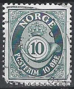 Sellos: NORUEGA 1937-78 - CUERNO POSTAL Y CIFRA, AZUL, FONDO RAYADO - USADO