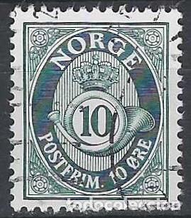 Sellos: NORUEGA 1937-78 - CUERNO POSTAL Y CIFRA, AZUL, FONDO RAYADO - USADO