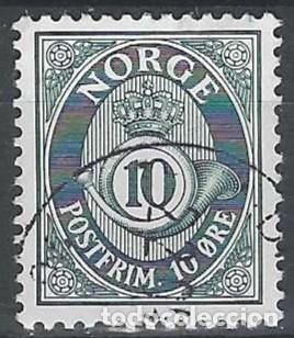 Sellos: NORUEGA 1937-78 - CUERNO POSTAL Y CIFRA, AZUL, FONDO RAYADO - USADO