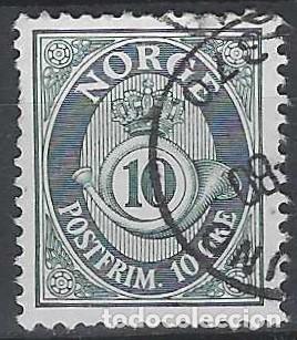 Sellos: NORUEGA 1937-78 - CUERNO POSTAL Y CIFRA, AZUL, FONDO RAYADO - USADO