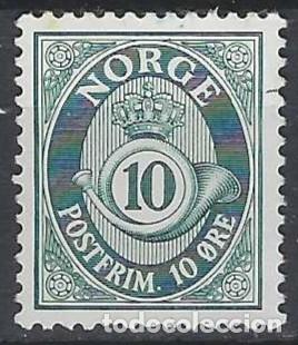 Sellos: NORUEGA 1937-78 - CUERNO POSTAL Y CIFRA, AZUL, FONDO RAYADO - USADO