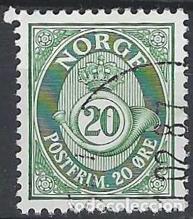 Sellos: NORUEGA 1937-78 - CUERNO POSTAL Y CIFRA, VERDE, FONDO RAYADO - USADO