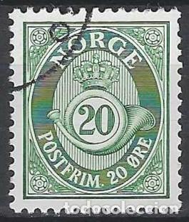 Sellos: NORUEGA 1937-78 - CUERNO POSTAL Y CIFRA, VERDE, FONDO RAYADO - USADO