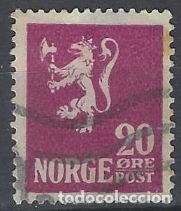 Sellos: NORUEGA 1922 - LE&Oacute;N, P&Uacute;RPURA, L&Iacute;NEA ENTRE &Oslash;RE Y POST - USADO