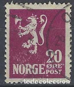 Sellos: NORUEGA 1922 - LE&Oacute;N, P&Uacute;RPURA, L&Iacute;NEA ENTRE &Oslash;RE Y POST - USADO
