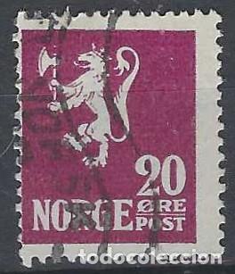 Sellos: NORUEGA 1922 - LE&Oacute;N, P&Uacute;RPURA, L&Iacute;NEA ENTRE &Oslash;RE Y POST - USADO