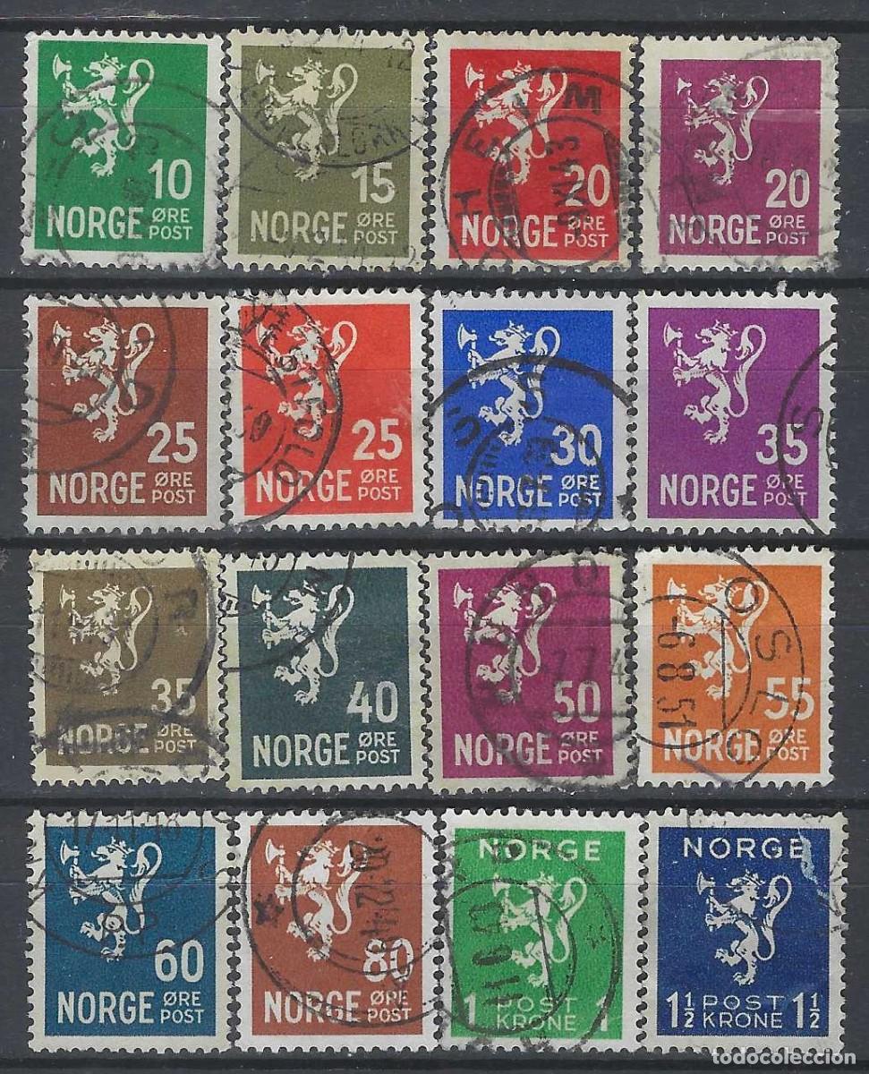 Sellos: NORUEGA 1937-40 - LE&Oacute;N, ESCUDO NACIONAL, 16 VALORES - USADOS