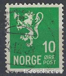 Sellos: NORUEGA 1937-40 - LE&Oacute;N, ESCUDO NACIONAL, VERDE - USADO