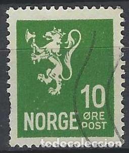 Sellos: NORUEGA 1937-40 - LE&Oacute;N, ESCUDO NACIONAL, VERDE - USADO