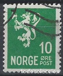 Sellos: NORUEGA 1937-40 - LE&Oacute;N, ESCUDO NACIONAL, VERDE - USADO