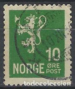 Sellos: NORUEGA 1937-40 - LE&Oacute;N, ESCUDO NACIONAL, VERDE - USADO
