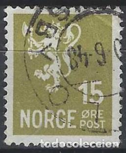 Sellos: NORUEGA 1937-40 - LE&Oacute;N, ESCUDO NACIONAL, OLIVA - USADO