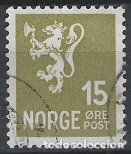 Sellos: NORUEGA 1937-40 - LE&Oacute;N, ESCUDO NACIONAL, OLIVA - USADO