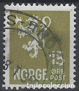 Sellos: NORUEGA 1937-40 - LE&Oacute;N, ESCUDO NACIONAL, OLIVA - USADO