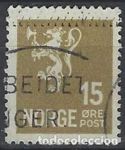 Sellos: NORUEGA 1937-40 - LE&Oacute;N, ESCUDO NACIONAL, OLIVA - USADO