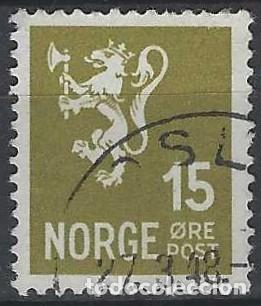 Sellos: NORUEGA 1937-40 - LE&Oacute;N, ESCUDO NACIONAL, OLIVA - USADO
