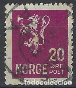 Sellos: NORUEGA 1937-40 - LE&Oacute;N, ESCUDO NACIONAL, VIOLETA - USADO