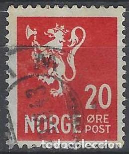 Sellos: NORUEGA 1937-40 - LE&Oacute;N, ESCUDO NACIONAL, ROJO - USADO