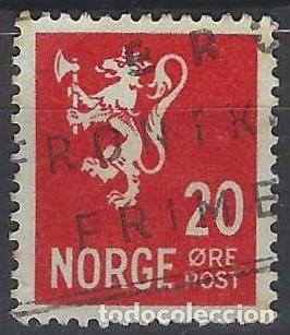 Sellos: NORUEGA 1937-40 - LE&Oacute;N, ESCUDO NACIONAL, ROJO - USADO
