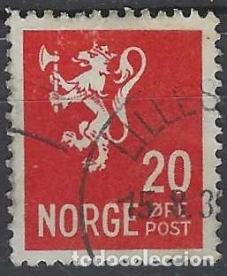 Sellos: NORUEGA 1937-40 - LE&Oacute;N, ESCUDO NACIONAL, ROJO - USADO
