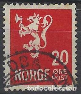 Sellos: NORUEGA 1937-40 - LE&Oacute;N, ESCUDO NACIONAL, ROJO - USADO