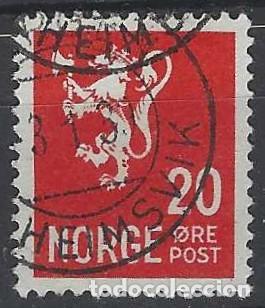 Sellos: NORUEGA 1937-40 - LE&Oacute;N, ESCUDO NACIONAL, ROJO - USADO