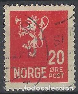 Sellos: NORUEGA 1937-40 - LE&Oacute;N, ESCUDO NACIONAL, ROJO - USADO