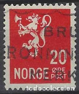 Sellos: NORUEGA 1937-40 - LE&Oacute;N, ESCUDO NACIONAL, ROJO - USADO