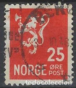 Sellos: NORUEGA 1937-40 - LE&Oacute;N, ESCUDO NACIONAL, ROJO ANARANJADO - USADO