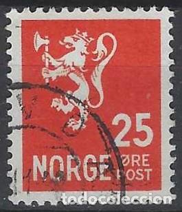 Sellos: NORUEGA 1937-40 - LE&Oacute;N, ESCUDO NACIONAL, ROJO ANARANJADO - USADO