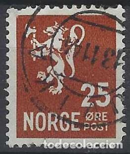 Sellos: NORUEGA 1937-40 - LE&Oacute;N, ESCUDO NACIONAL, MARR&Oacute;N ROJIZO - USADO