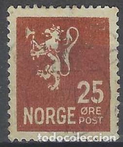 Sellos: NORUEGA 1937-40 - LE&Oacute;N, ESCUDO NACIONAL, MARR&Oacute;N ROJIZO - USADO