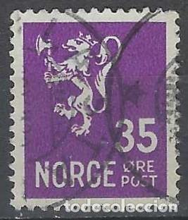 Sellos: NORUEGA 1937-40 - LE&Oacute;N, ESCUDO NACIONAL, VIOLETA - USADO