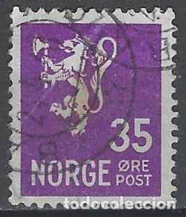 Sellos: NORUEGA 1937-40 - LE&Oacute;N, ESCUDO NACIONAL, VIOLETA - USADO