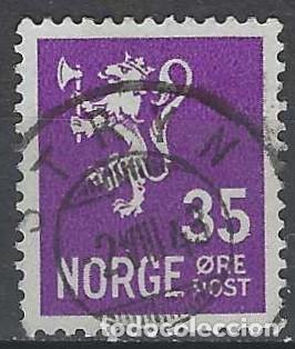 Sellos: NORUEGA 1937-40 - LE&Oacute;N, ESCUDO NACIONAL, VIOLETA - USADO