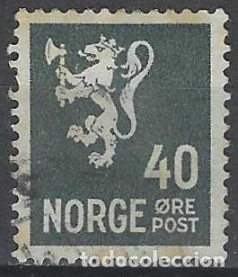 Sellos: NORUEGA 1937-40 - LE&Oacute;N, ESCUDO NACIONAL, GRIS OSCURO - USADO