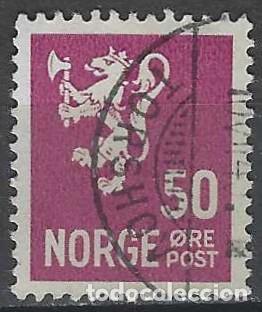 Sellos: NORUEGA 1937-40 - LE&Oacute;N, ESCUDO NACIONAL, P&Uacute;RPURA - USADO