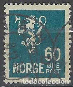 Sellos: NORUEGA 1937-40 - LE&Oacute;N, ESCUDO NACIONAL, AZUL OSCURO - USADO