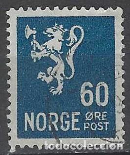 Sellos: NORUEGA 1937-40 - LE&Oacute;N, ESCUDO NACIONAL, AZUL OSCURO - USADO