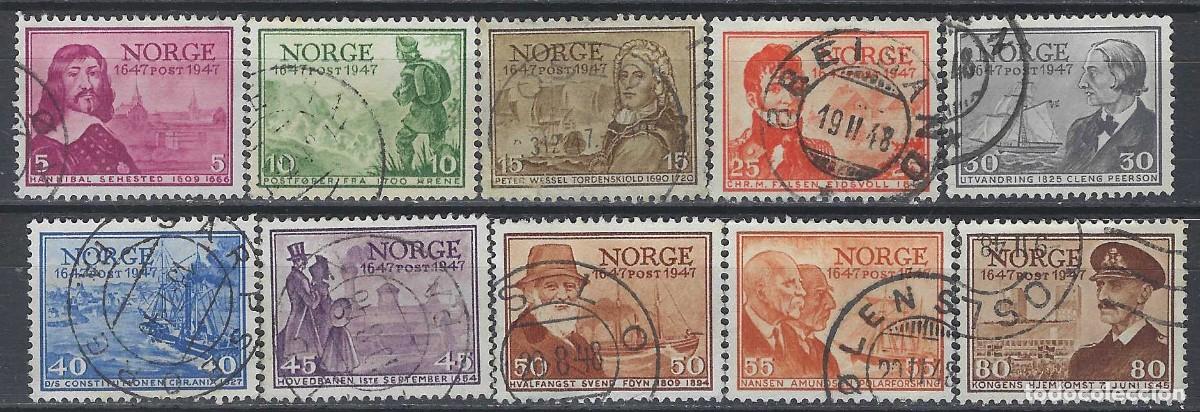 Sellos: NORUEGA 1947 - 3&ordm; CENTENARIO DEL CORREO NORUEGO, 10 VALORES - USADOS
