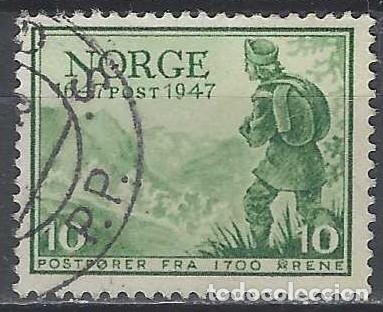Sellos: NORUEGA 1947 - 3&ordm; CENTENARIO DEL CORREO NORUEGO, VERDE - USADO